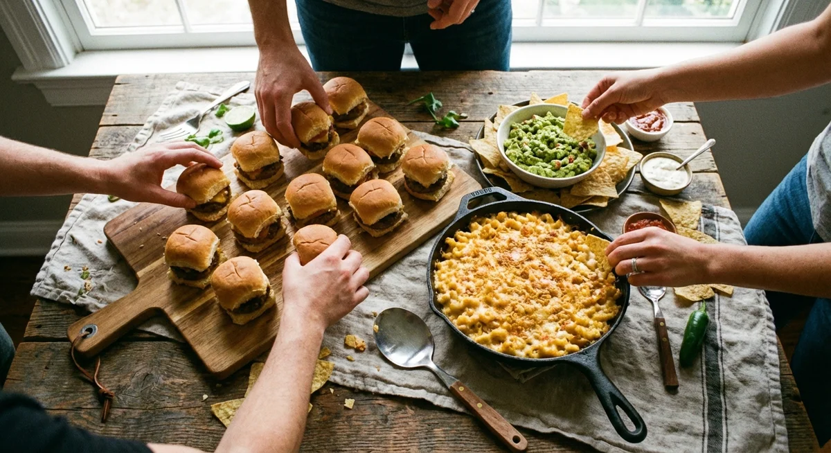 A spread of game day party foods on a kitchen counter