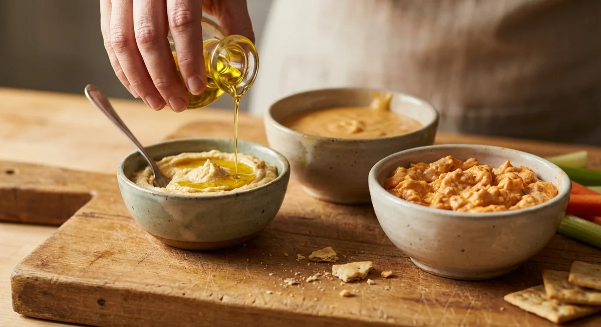 Close-up of leftover party dips being transformed into meal components